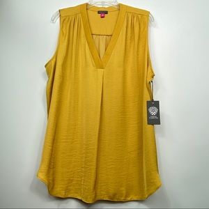 Vince Camuto V Neck Rumple Satin Sleeveless Blouse